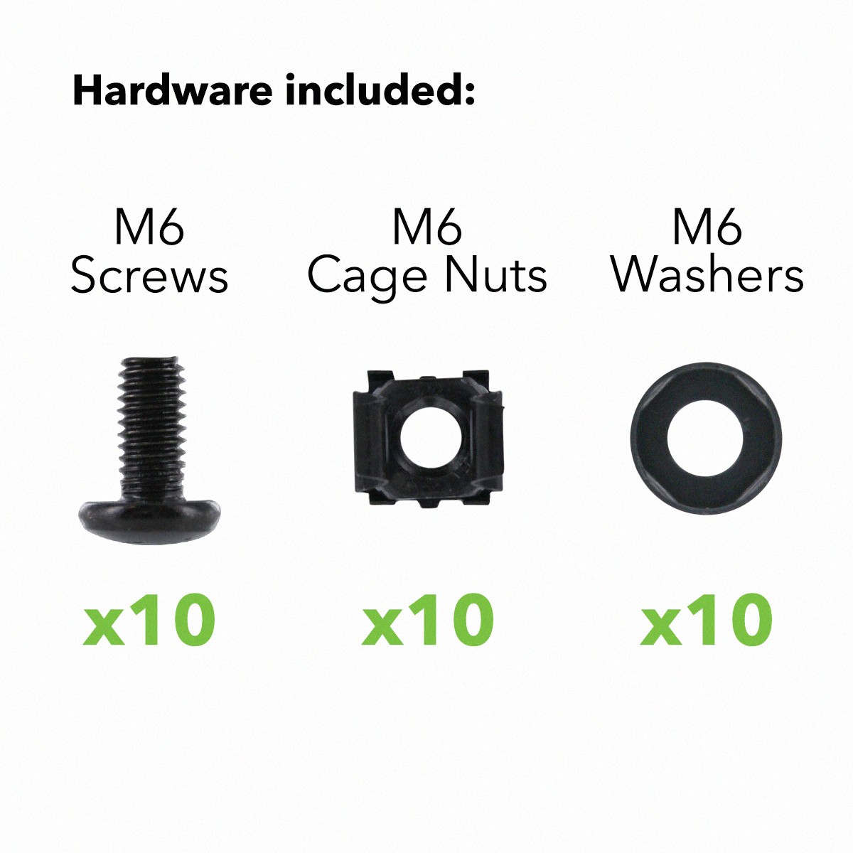 10 Pack Lot - M6 Rack Mount Cage Nuts & Screws w/Washers - Square Clips Server