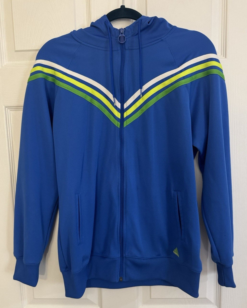 Boys Adidas Full Zip Hooded Jacket Large Blue With Green & Yellow Accents