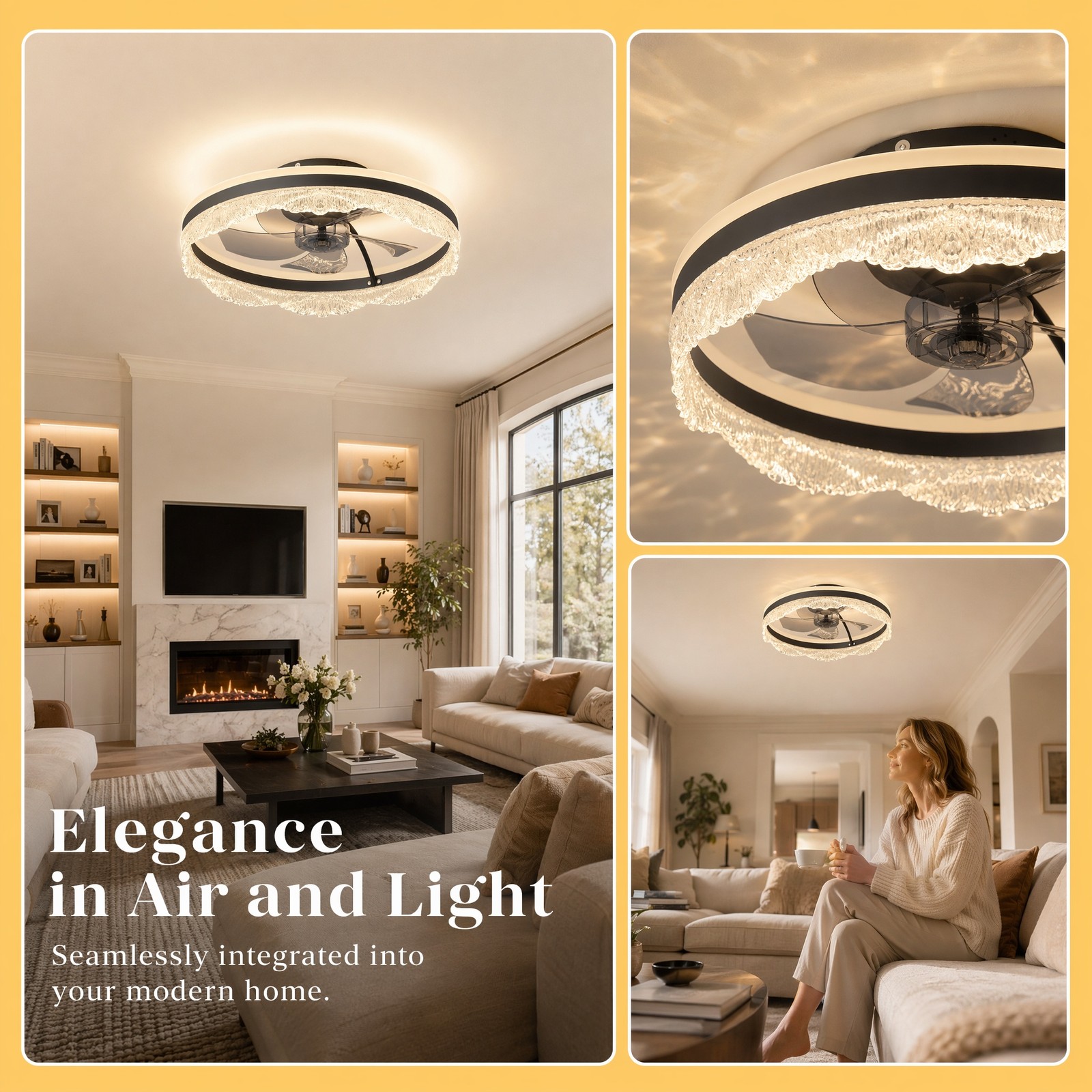 20'' Ceiling Fan LED UP Down Light Wave Design Flush Mount Remote APP Control