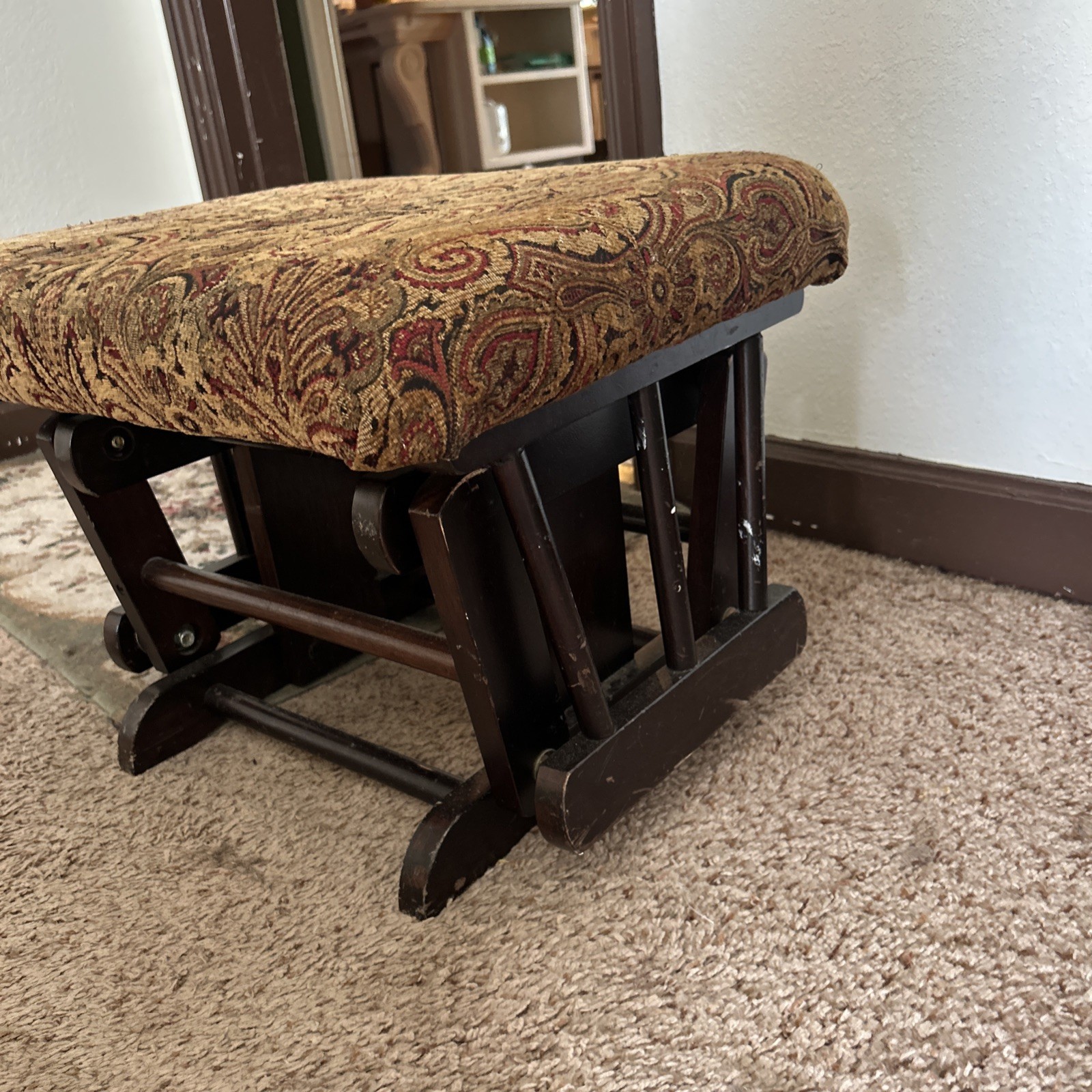 Wood Footstool- Vtg Rocking Floral Tapestry Upholstered Padded Wooden Stool