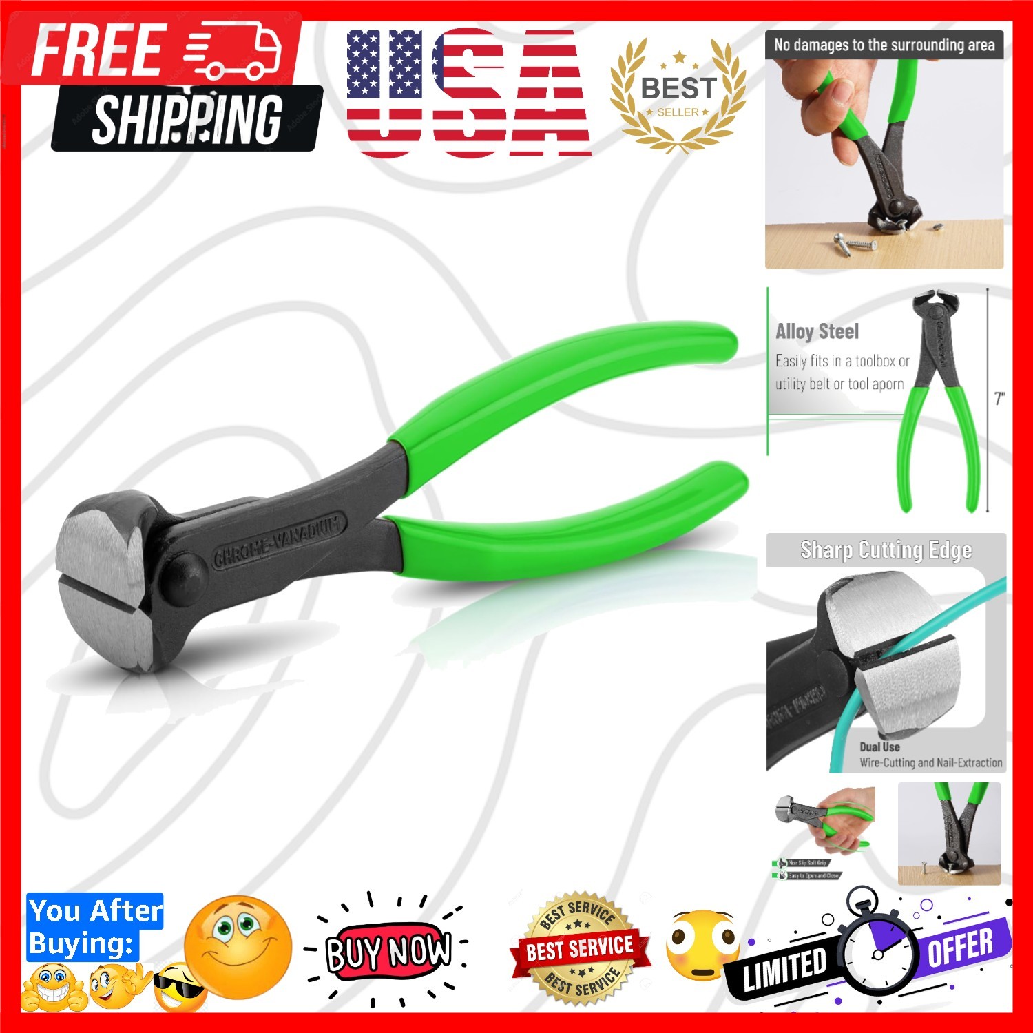 Bates- Nail Puller, 7 Inch, Light Green, Nail Remover Tool, Cutting Pliers, C...