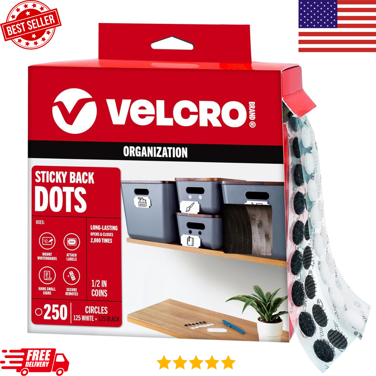 VELCRO Brand Adhesive Dots 1/2” – 250 Black & White Hook and Loop Coins