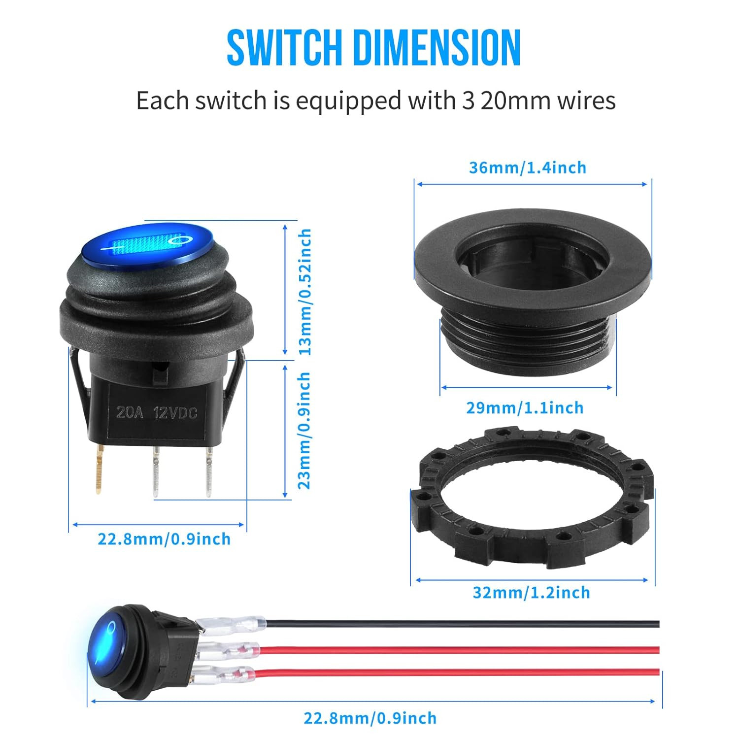 12 Volt Toggle Switch Waterproof 2 PCS, Blue LED Lighted round Rocker Switch Pan