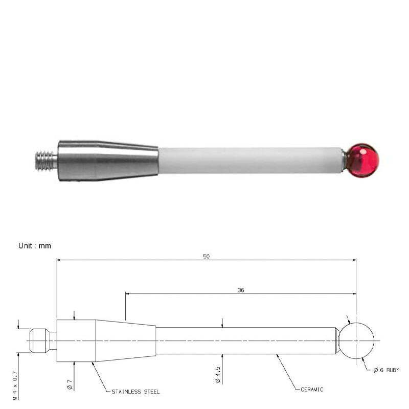 2Pcs M4 CMM A-5000-3709 CMM Touch-Probe Stylus 6mm Dia Rubine Ball Ceramic-Stem