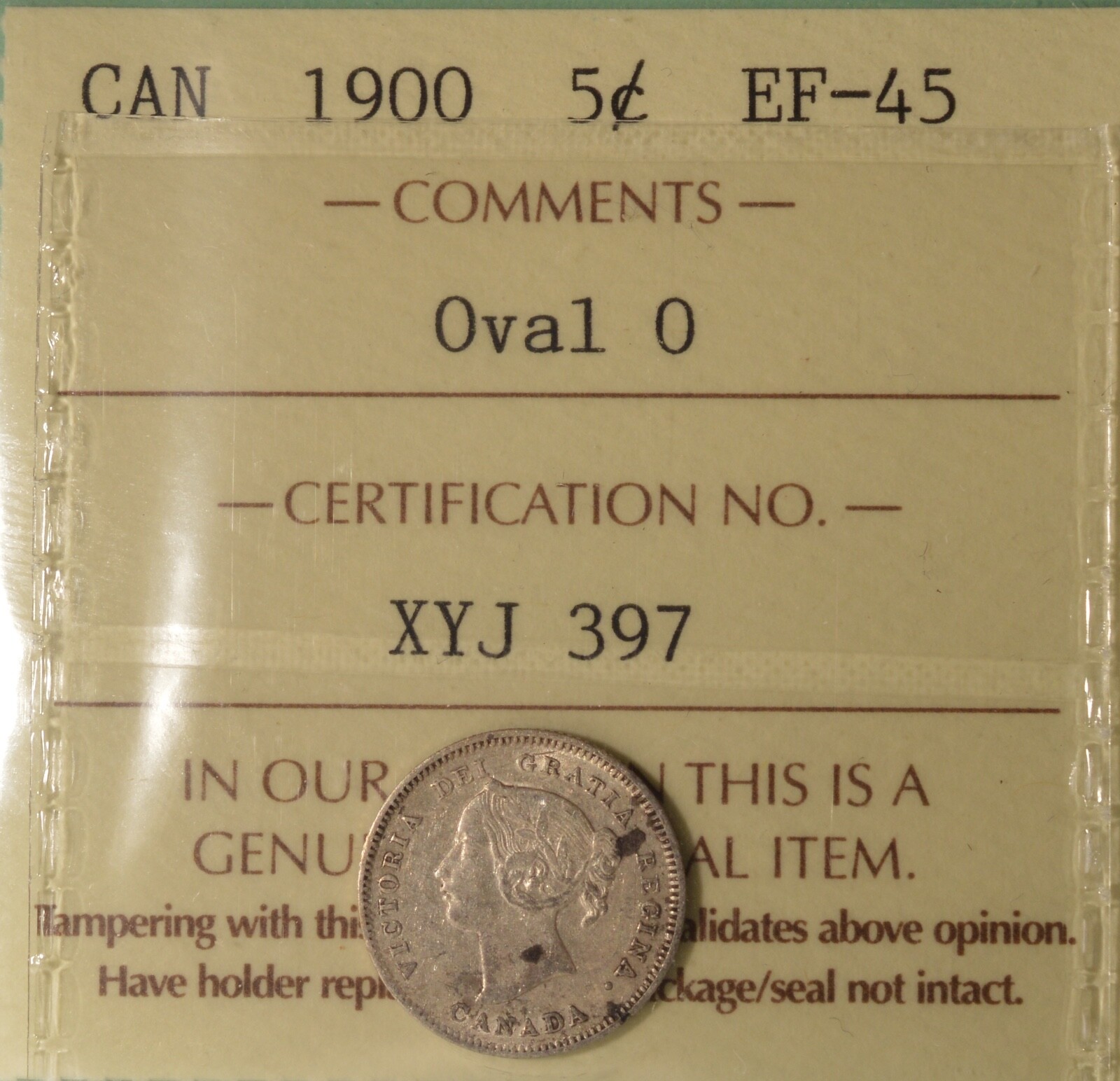 1900 Canada Silver 5 Cents  - Graded ICCS EF-45 -  Serial XYJ 397
