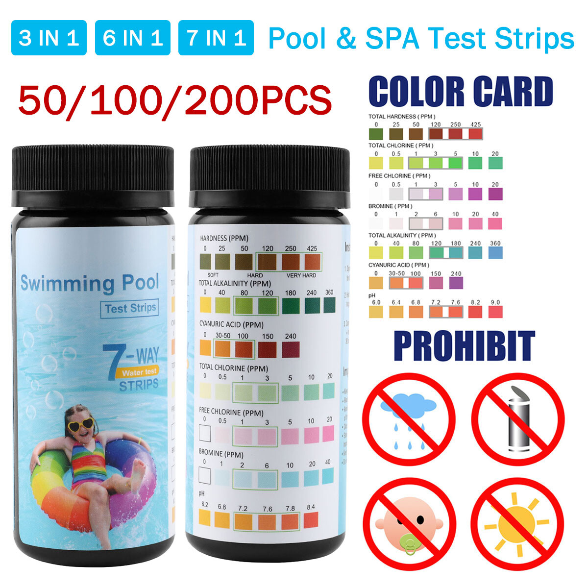 200/100/50pcs Chlorine Dip Test Strips SPA Hot Tub Swimming Pool PH Tester Paper