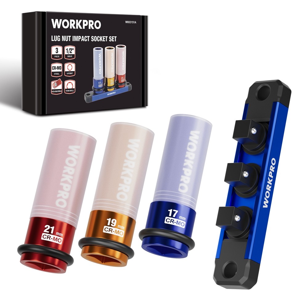 WORKPRO 3PC 1/2" Drive Lug Nut Impact Socket Set Deep Thin Wall Socket 17-19-2mm