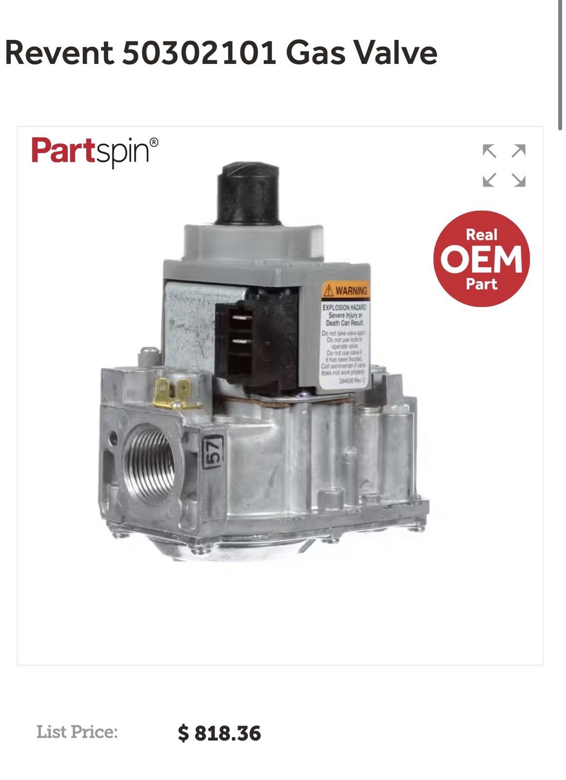 Revent 50302101 Gas Valve. New In Box.