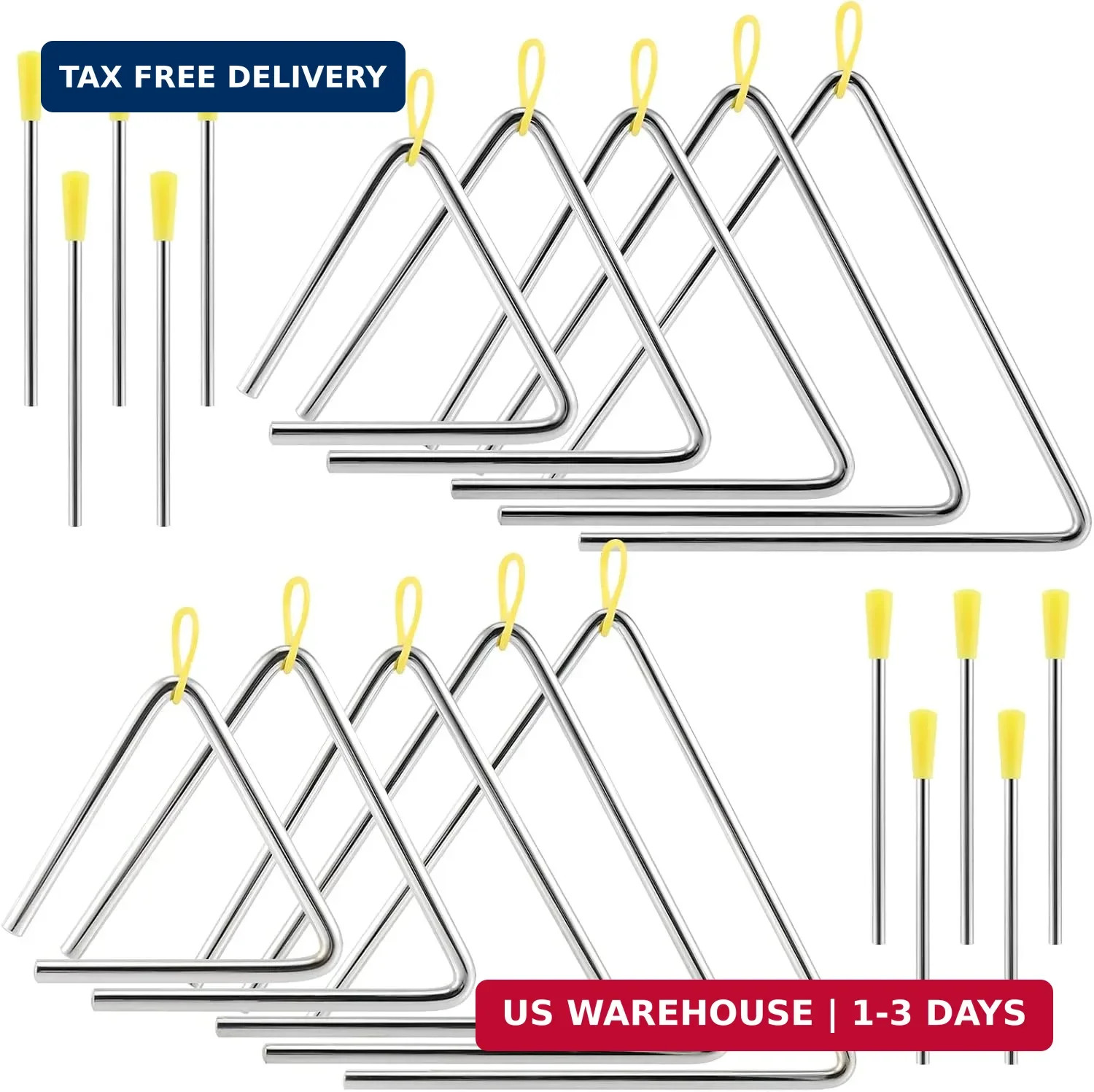 10 Pack Musical Triangle Steel Set, 4" 5" 6" 7" 8" Hand Percussion Music Percuss