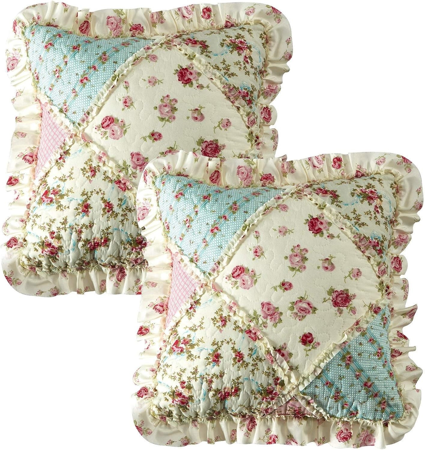 Roses Ruffle Pillowshams, Quilted Patchwork Decorative Pillow Covers Set, Washab