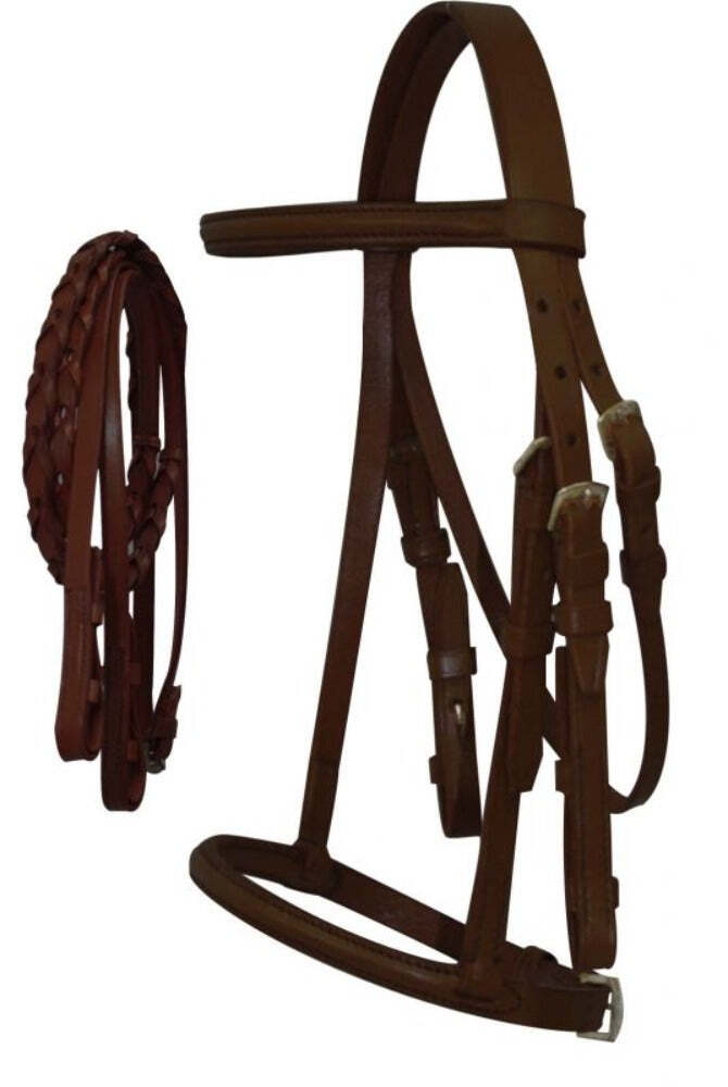 New! ENGLISH HEADSTALL w/ Raised browband Braided leather reins 4 SIZES 3 COLORS