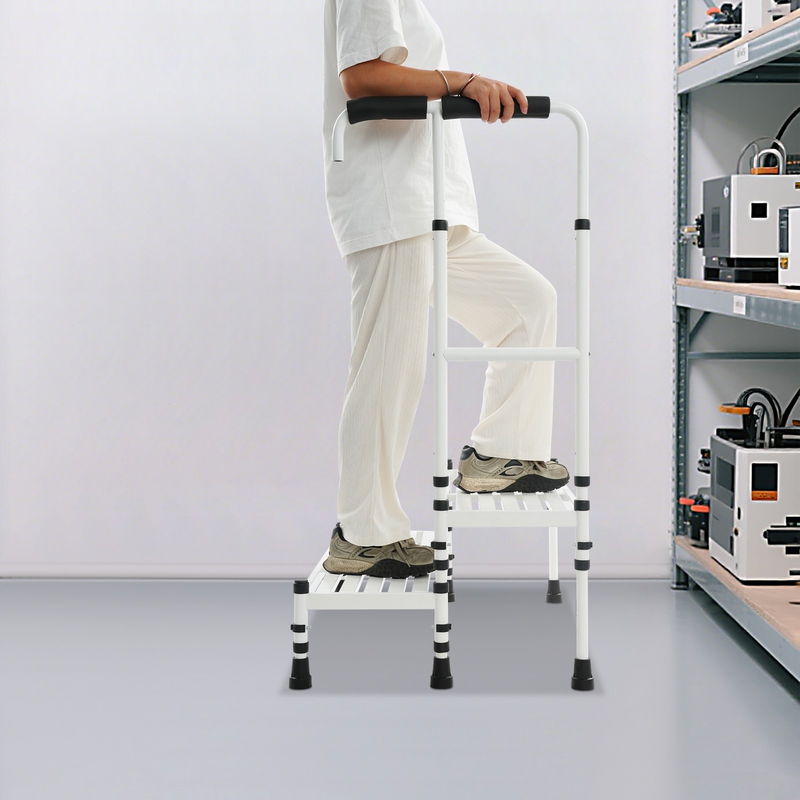 2 Steps Stool with Handle, Adult Ramp with Handrail, Metal Stepping Stool