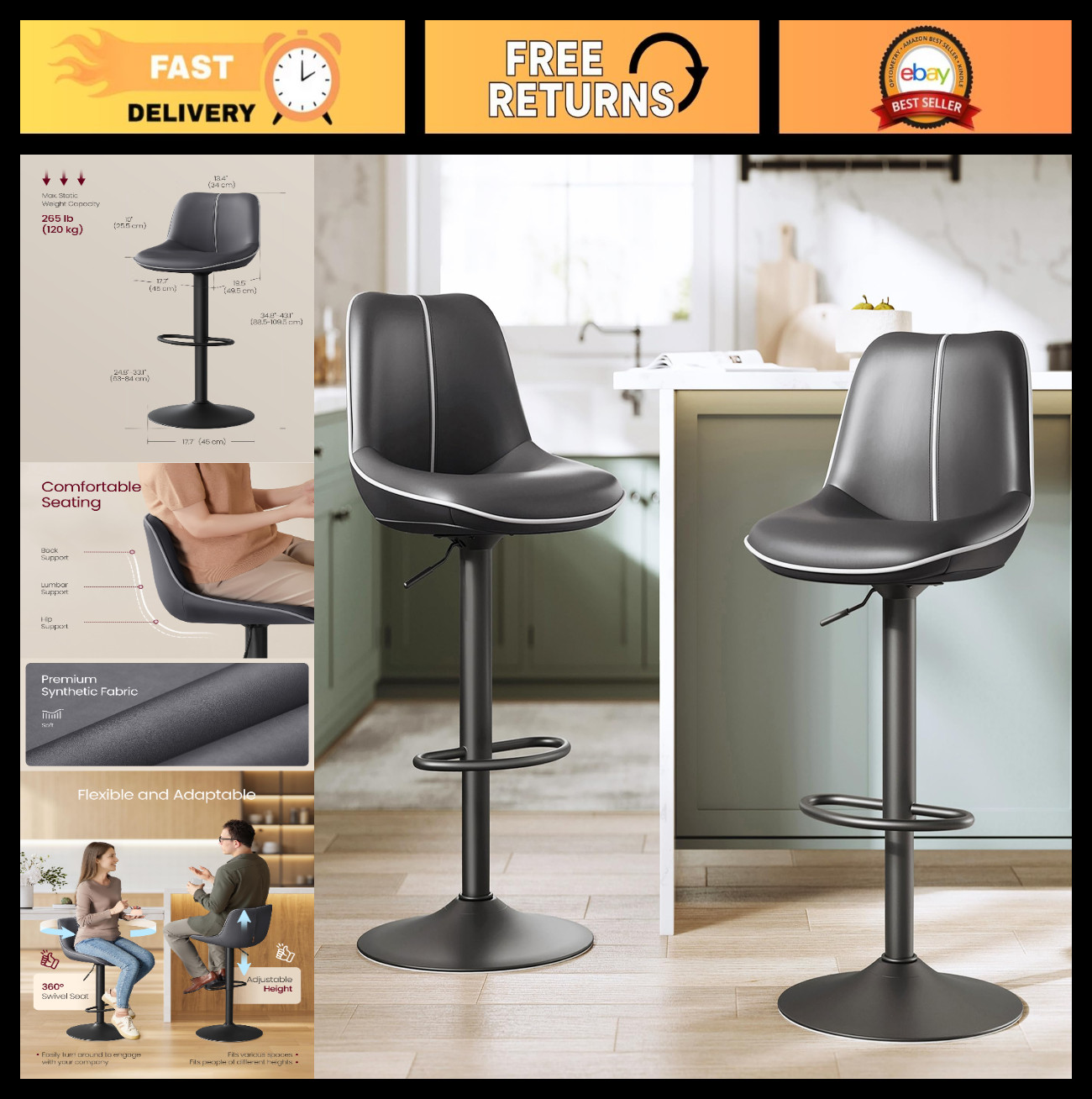 Adjustable Height Swivel Bar Stools Set of 2, Ergonomic Backrest, Modern Design