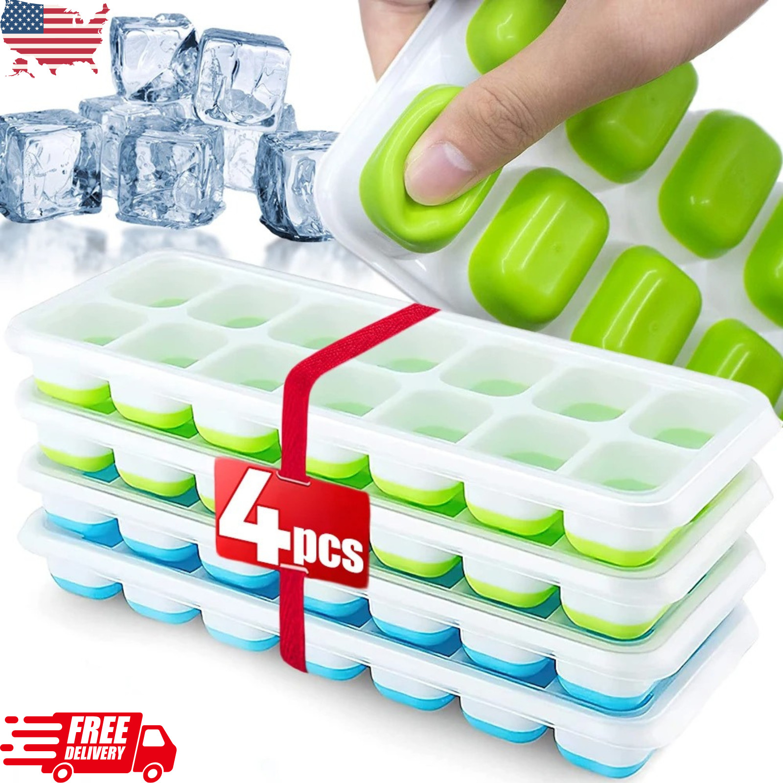 4 Pack Silicone Ice Cube Trays with Lids 14 Grid Easy Release Stackable Molds