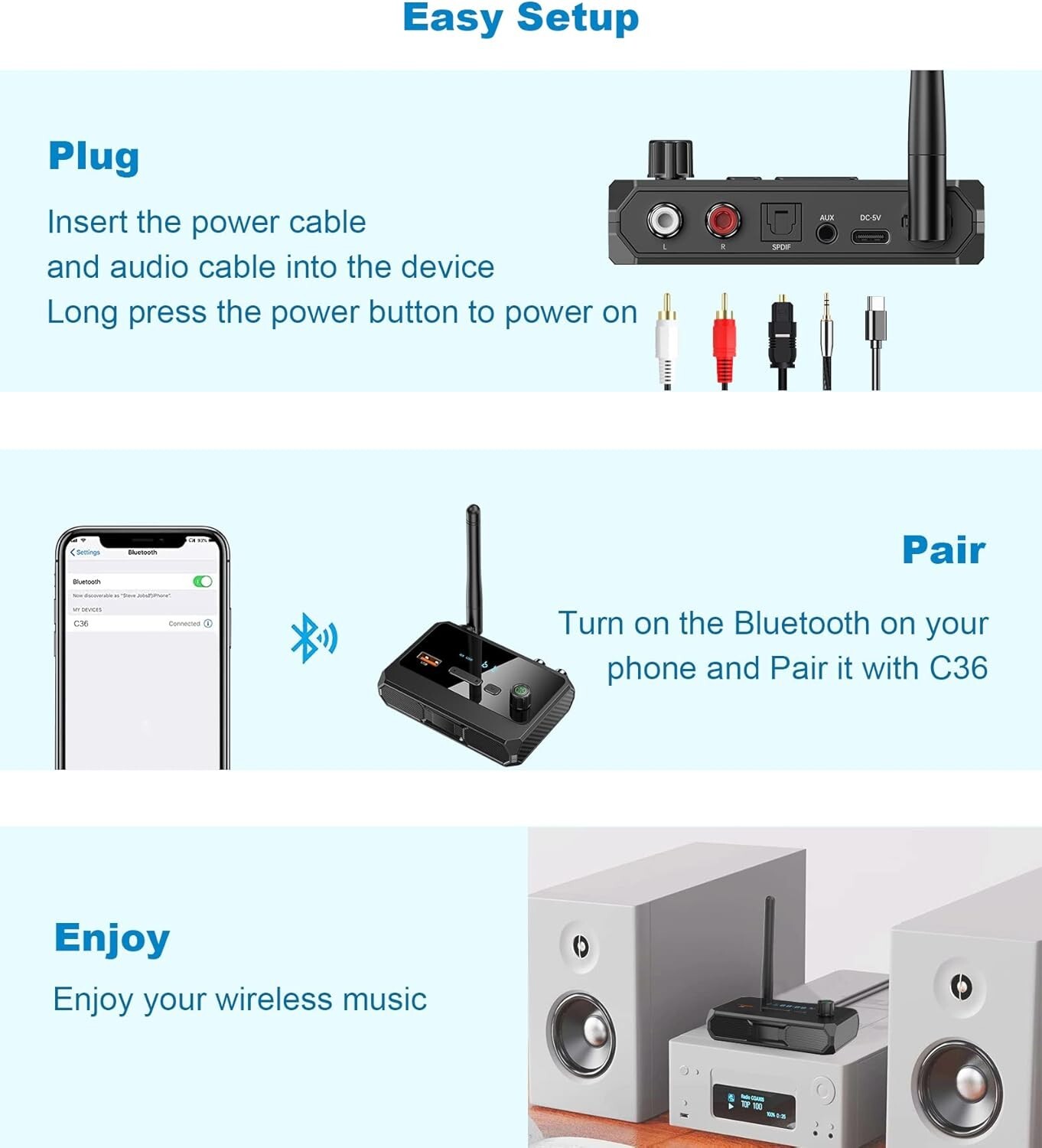 Bluetooth 5.3 Audio Receiver for Home Stereo, Wireless Adapter with Optical/USB