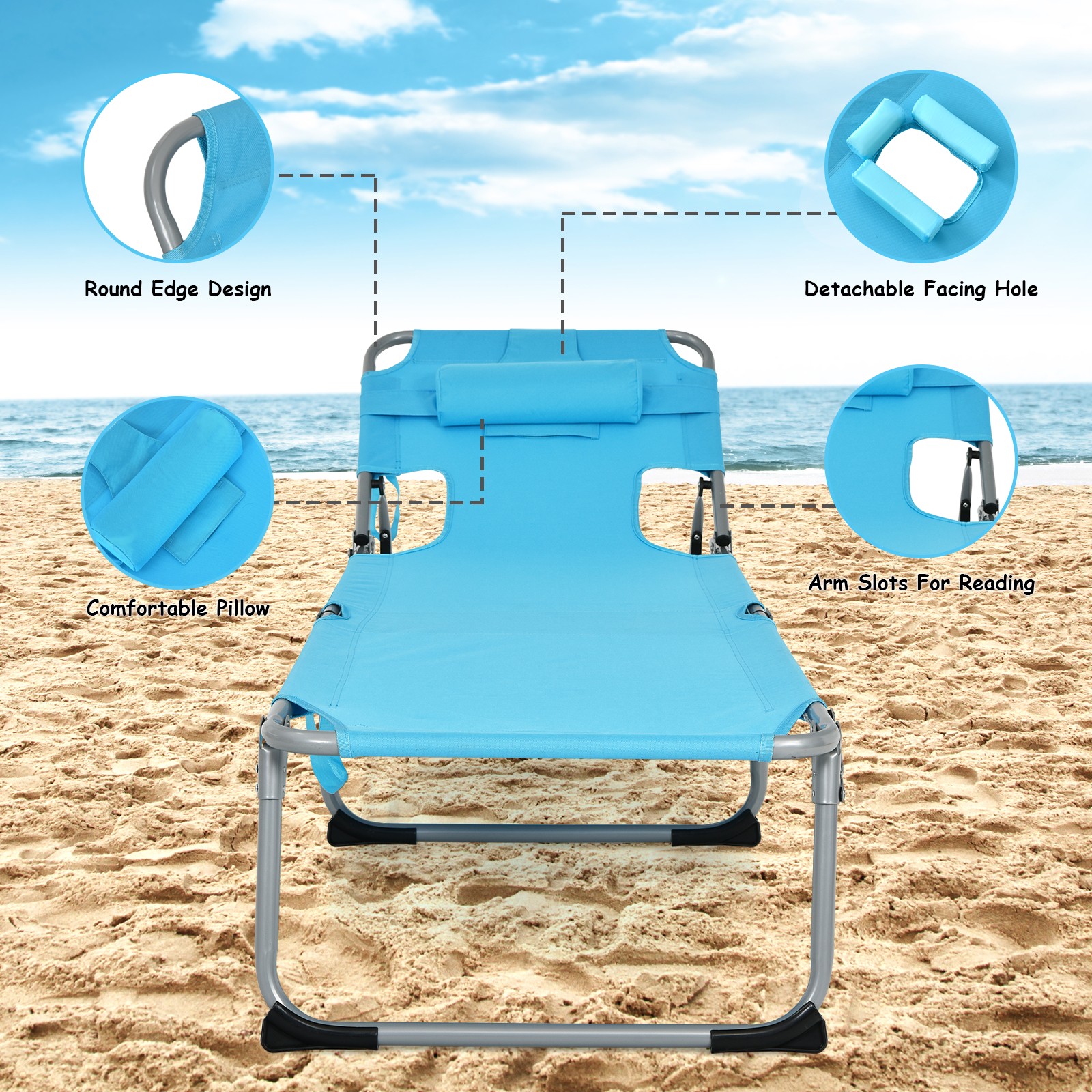 Costway Outdoor Beach Lounge Chair Folding Chaise Lounge with Pillow Turquoise