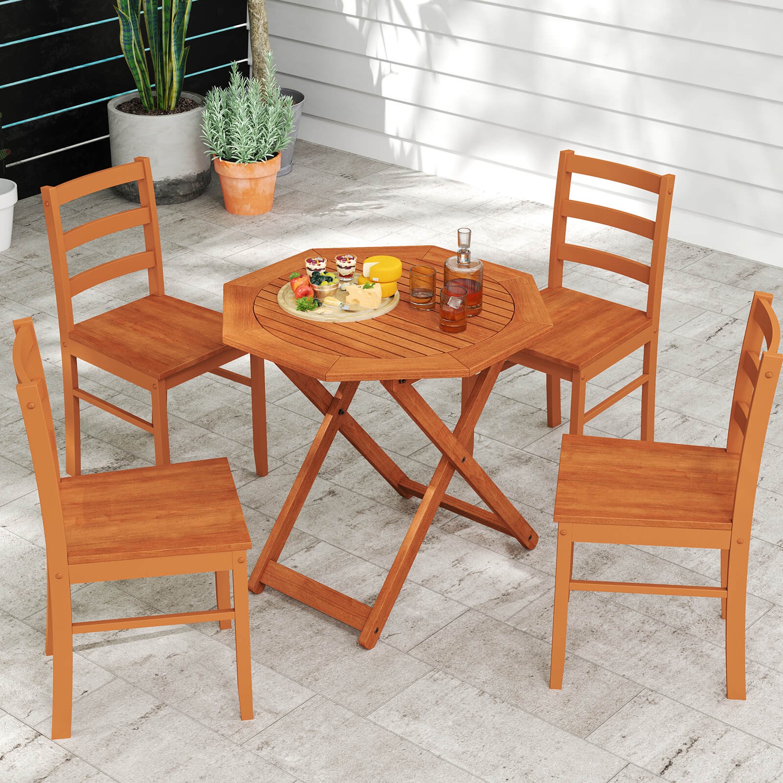 Outdoor Patio Folding Wood Dining Table for 4 with 2" Umbrella Hole for Garden