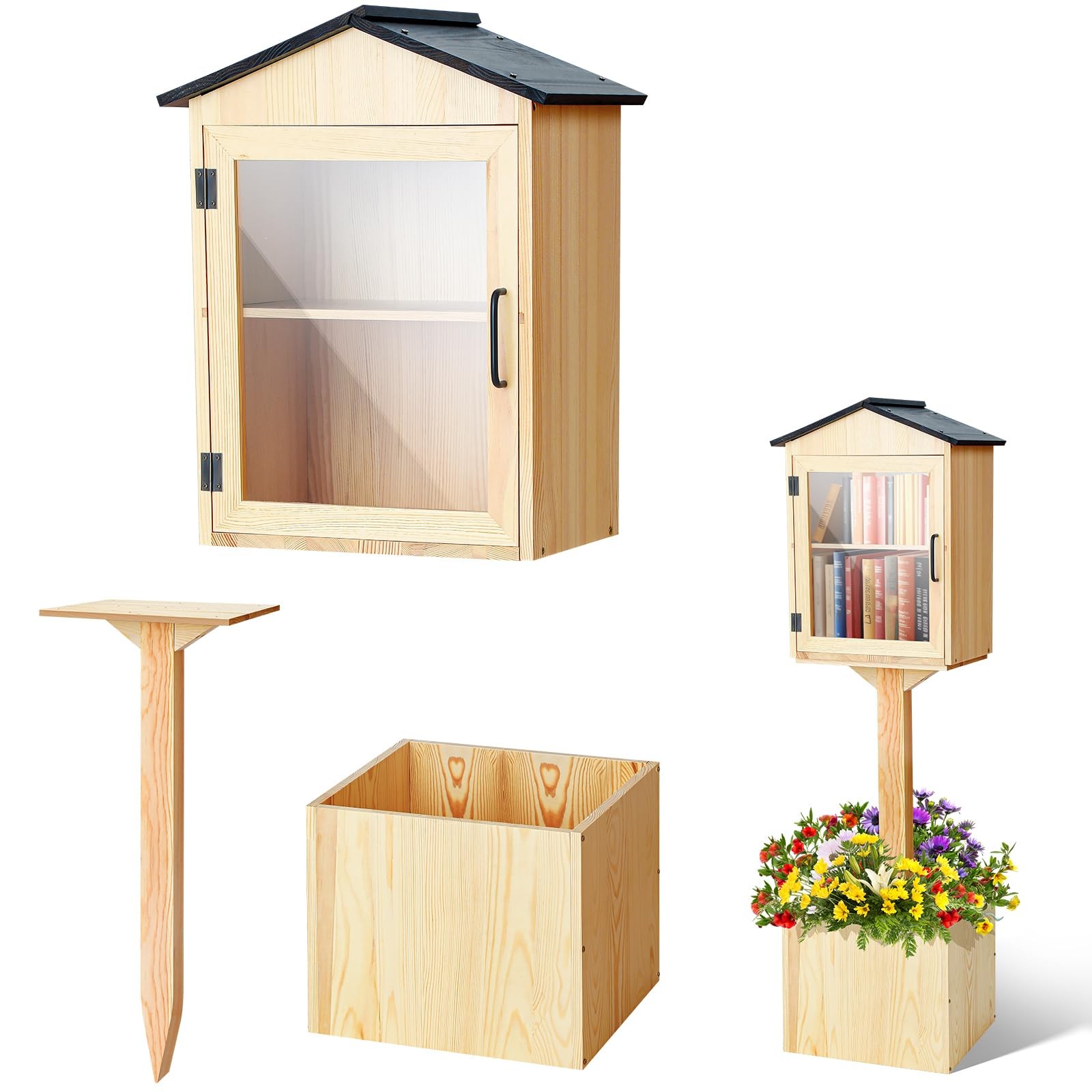 Little Library Box Outdoor with Floor Plugs & Flower Fence, Durable Weatherpr...