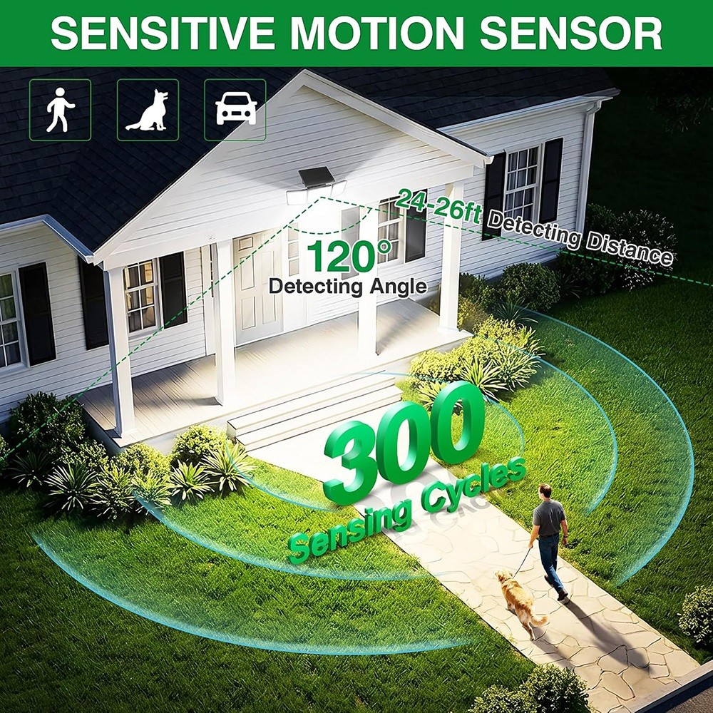 2 Pack Solar Security Light Outdoor 3 head 6500K 3000LM LED Motion Sensor IP65