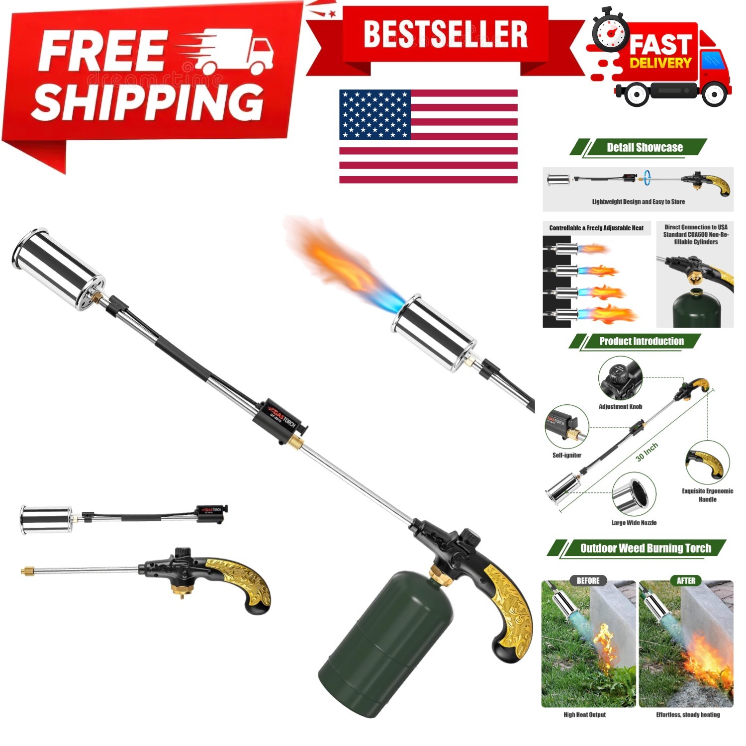 Propane Torch Weed Burner, Adjustable flame thrower with Detachable Handle, B...