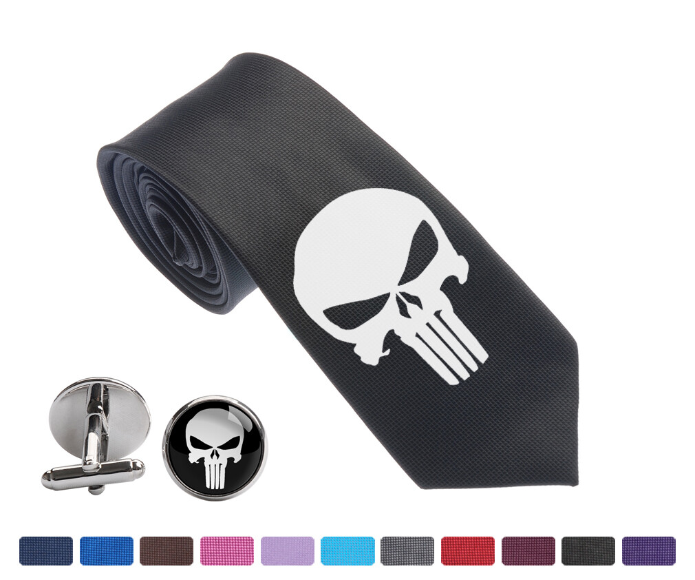The Punisher Skull Ghost Men Novelty Slim Groom 2.5" Party Tie Necktie Cufflink