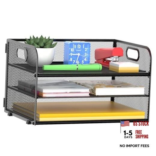 3 Tier Paper Organizer Tray with Handle, Mesh Letter 12.8" x 9" x 7.5" Black