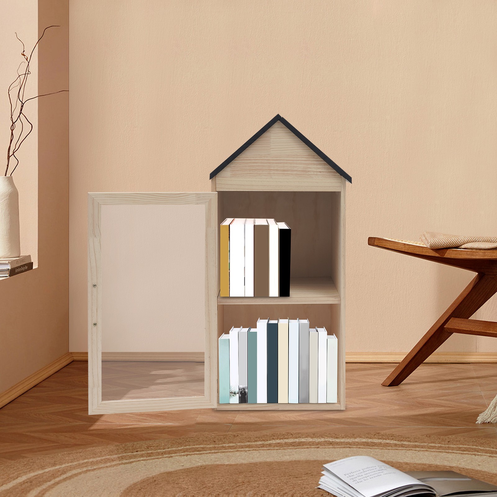 2-Tier Wooden Book Box Home Book Storage Box w/Door, Little Library Box Cabinet