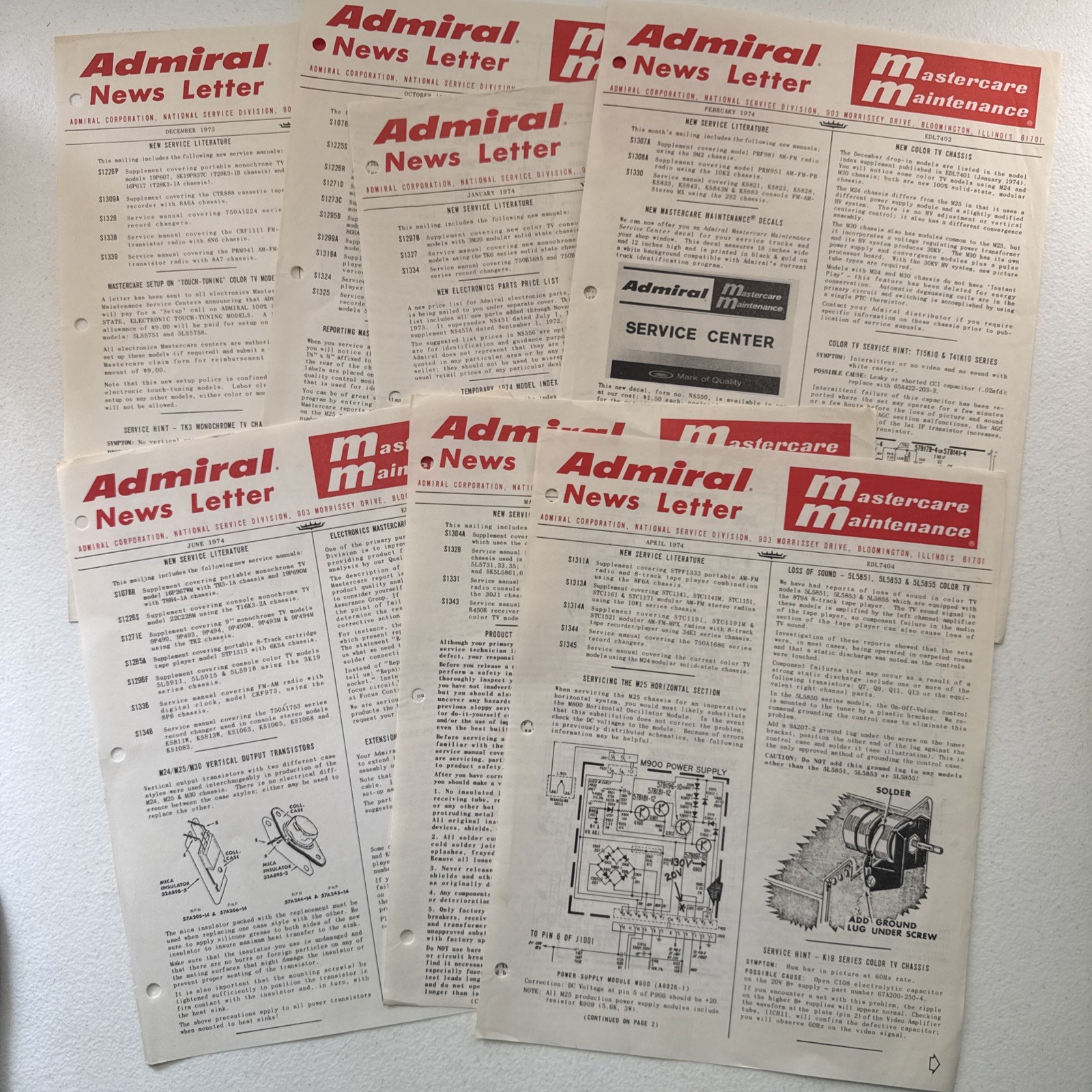 Lot Of 7 Admiral Mastercare Maintenance 1973/1974  News Letters