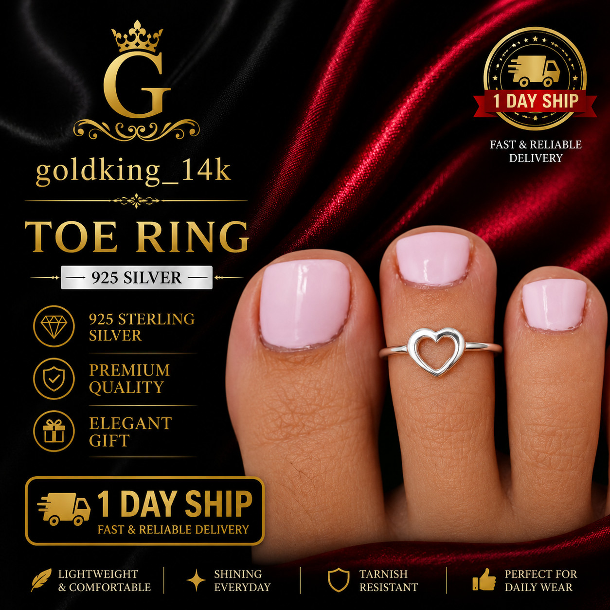 Women's Gift Solid Hard Metal Adjustable Double Band Toe Ring in 925 Silver