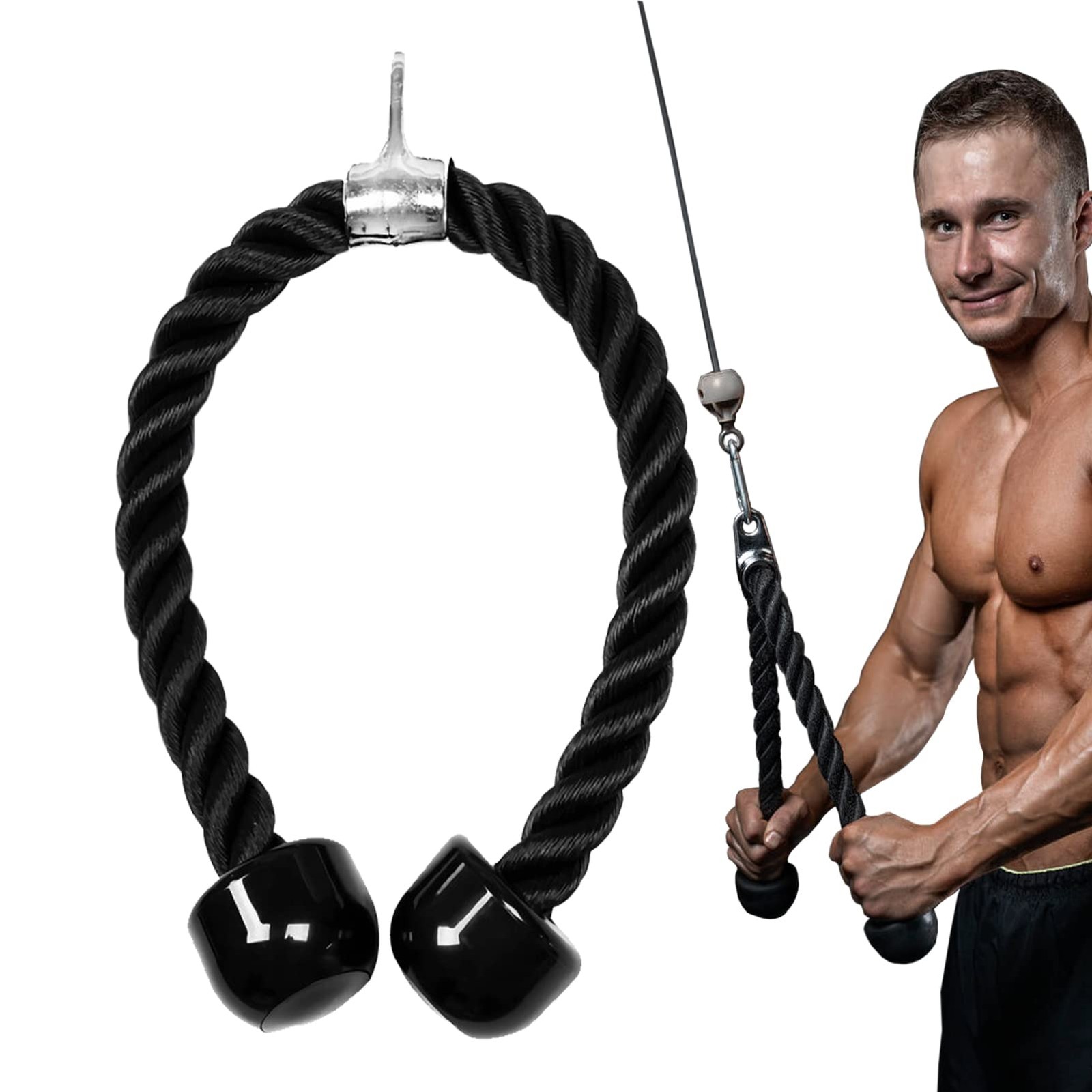Tricep Rope â€“ Heavy Duty Nylon Cable Attachment with Long Handle & Carabiner