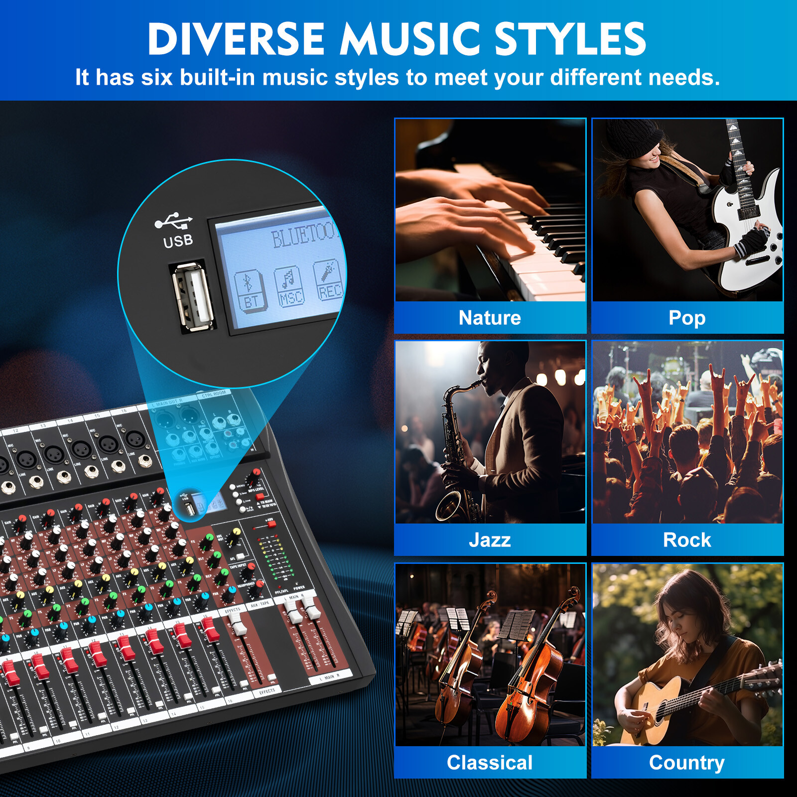 16 Channel Studio Audio Mixer Bluetooth USB Digital Sound Mixing Console Board