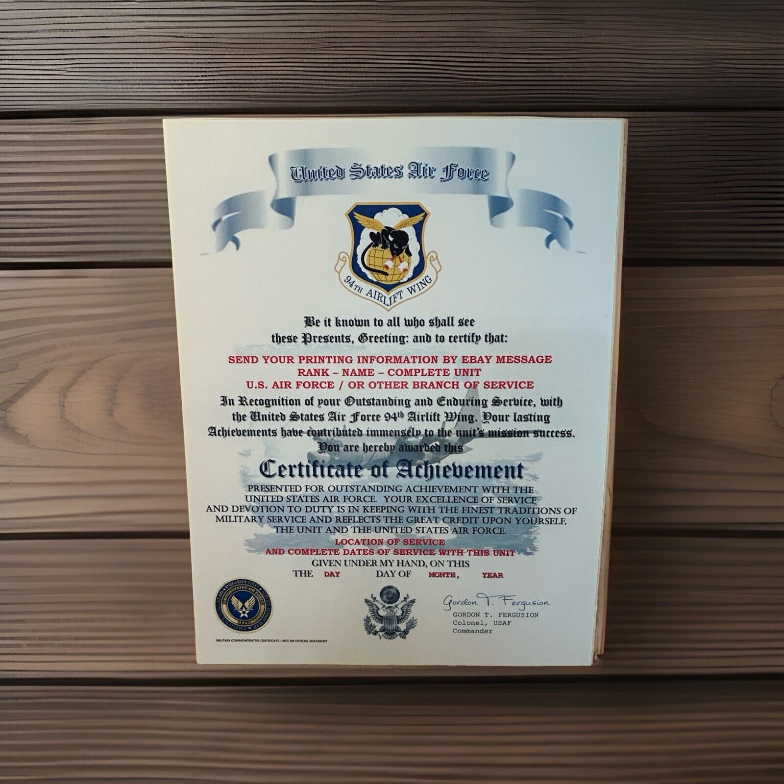 U.S.A.F. / AIR FORCE 94TH AIRLIFT WING - CERTIFICATE OF ACHIEVEMENT