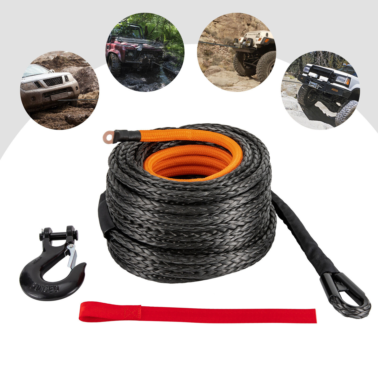 1/2x92ft Synthetic Winch Rope w/ Hook 31500LBS Car Tow Recovery Cable Tow Black