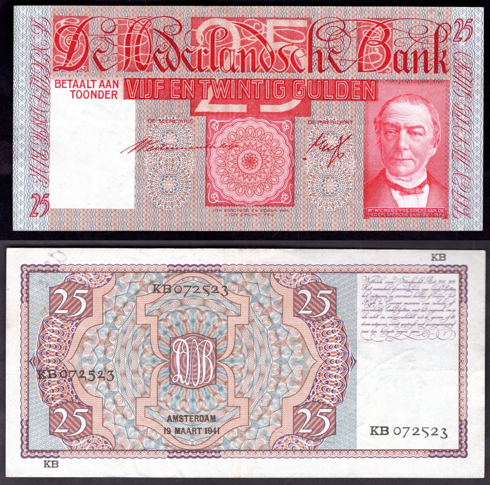 (NP)  Netherlands. 25 Gulden 1941 KB 072523 VF  dy22457