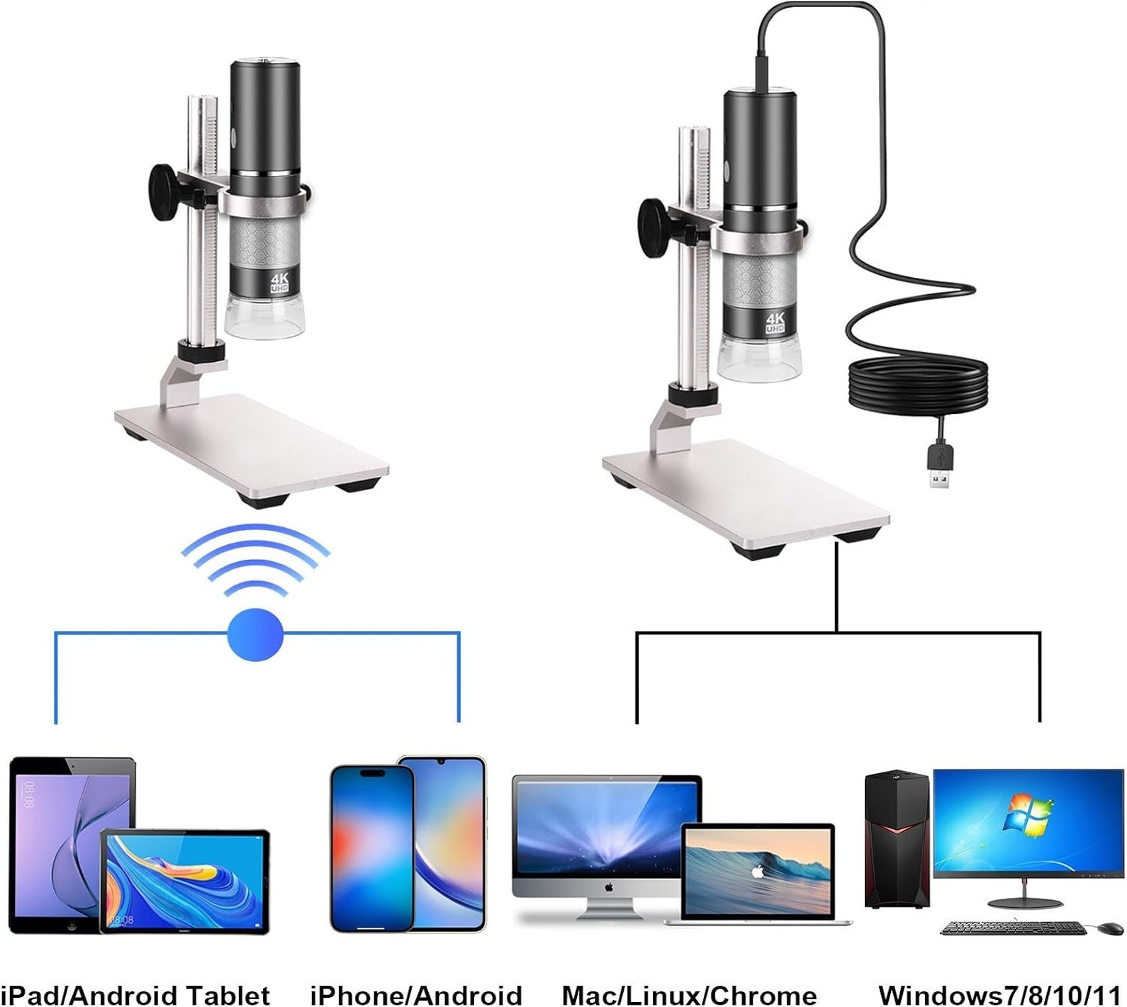 4K Digital Microscope 1000X WiFi USB Camera Metal Stand iPhone Android Windows