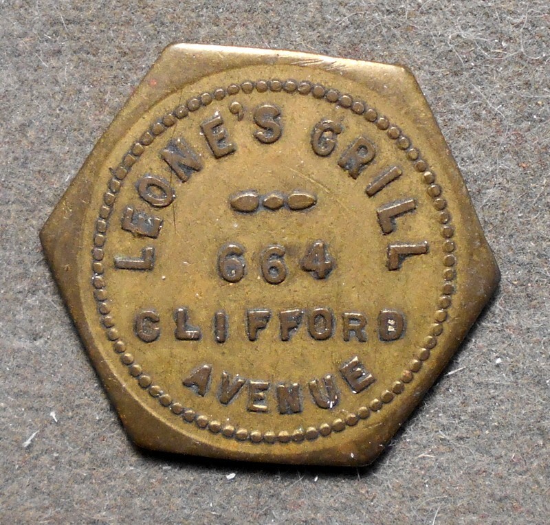 D942 Rochester NY: Leone’s Grill, 664 Clifford Ave.   (Same). Brass, hexagon, 2