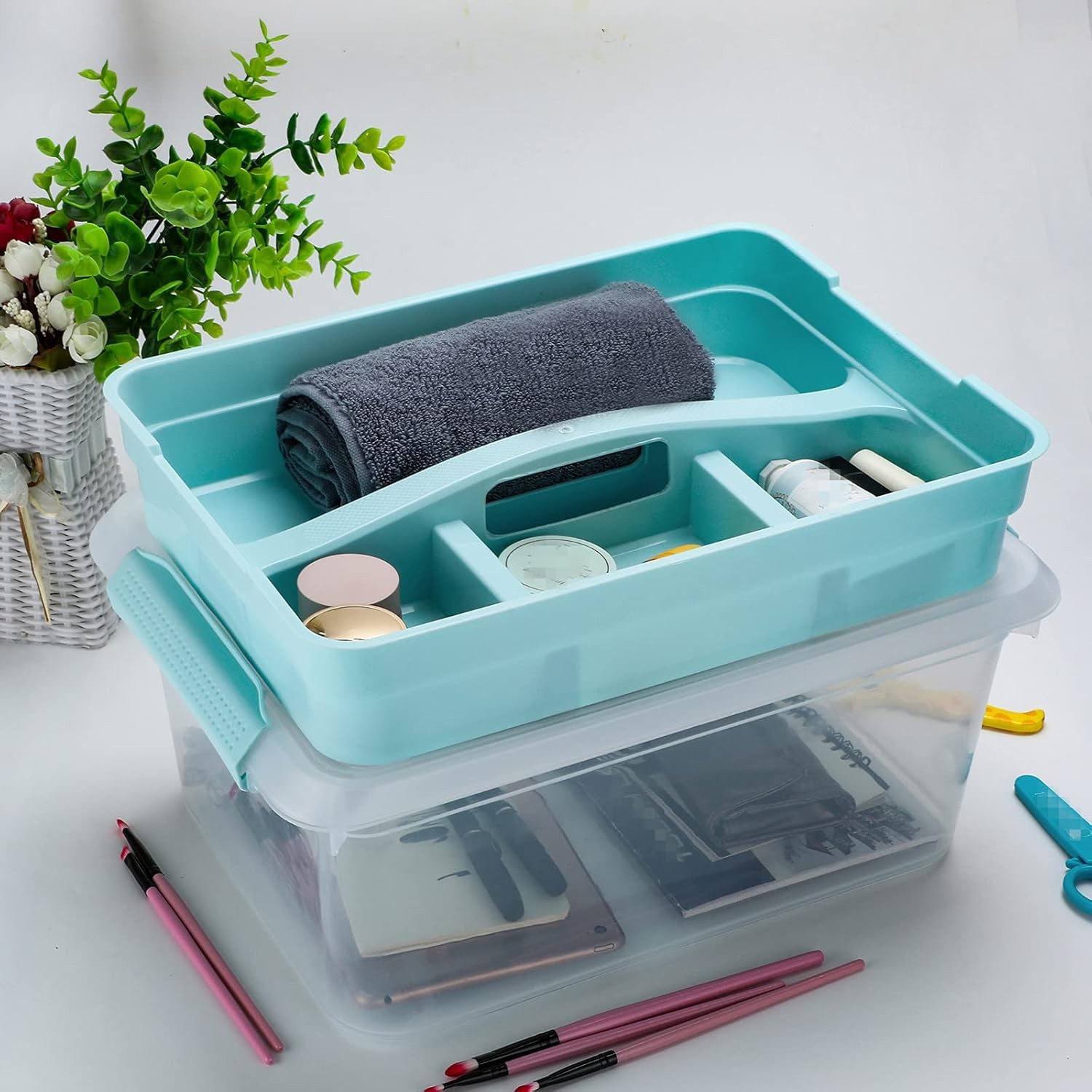 BTSKY Stack & Carry Box, Clear Plastic Storage Container Stackable Home Utility