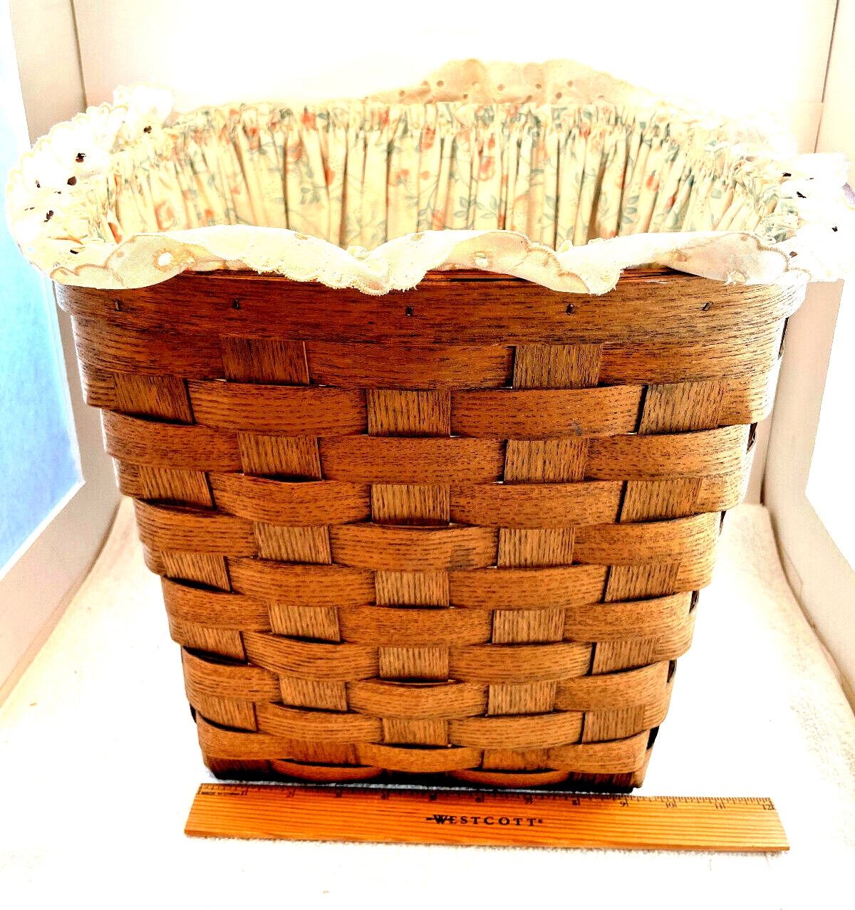 13"t VTG Large Sturdy Woven Lined Basket Leather Handles Storage Kitchen Decor