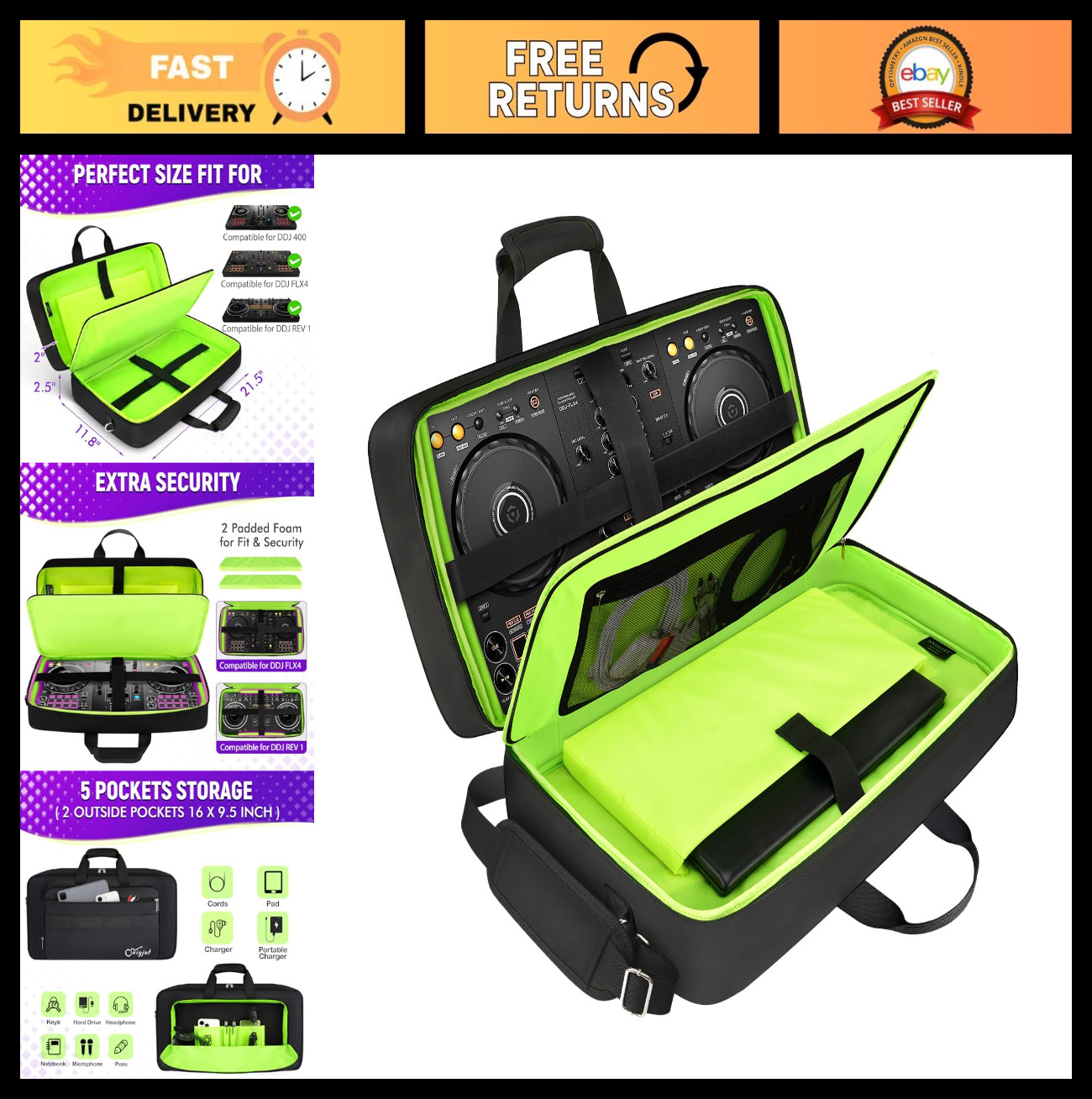 Padded DJ Controller Case for DDJ-FLX4, DJ 400, REV1 - 5 Pockets, Adjustable Str