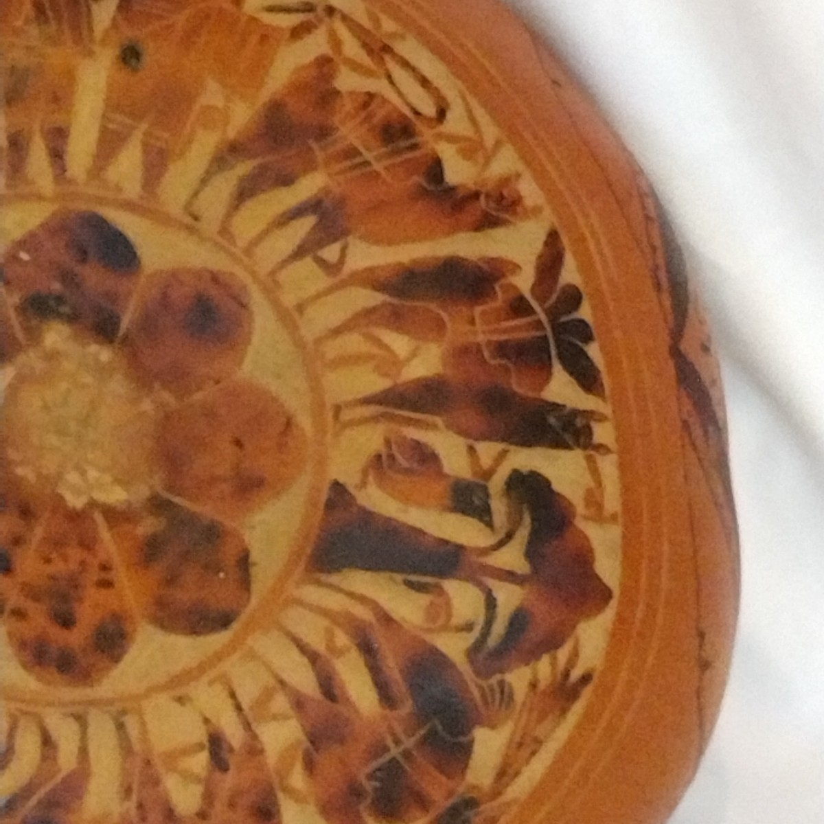 Vintage Peruvian Carved Jicara Gourd Wall Hanging 9.5" X 9.5"