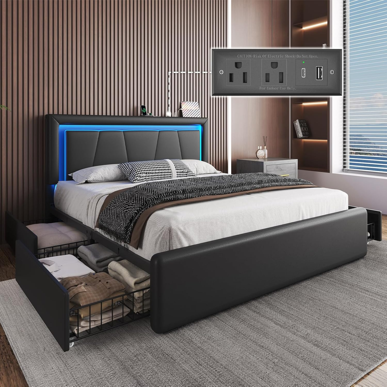 Queen Size Bed Frame with 4 Storage Drawers and LED Light, Upholstered Platform