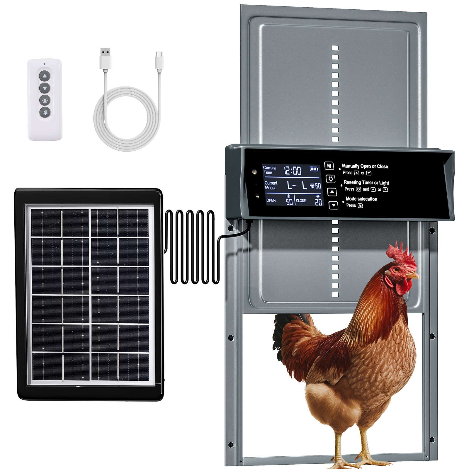 Solar Automatic Chicken Coop Door Opener w/Timer Light Sensor Remote Control