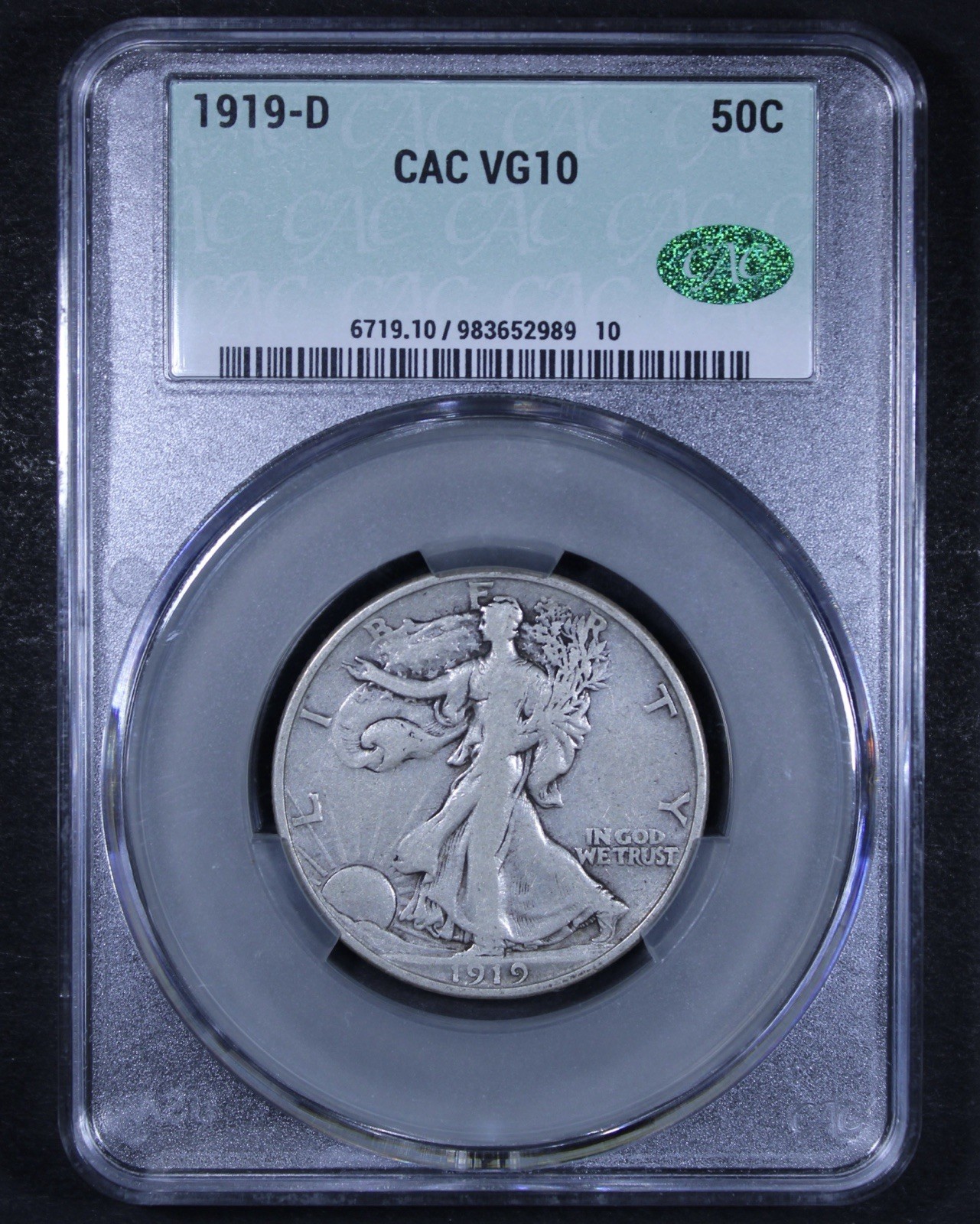 1919-D Walking Liberty Half Dollar - 50c CACG VG10 - Original Surfaces!