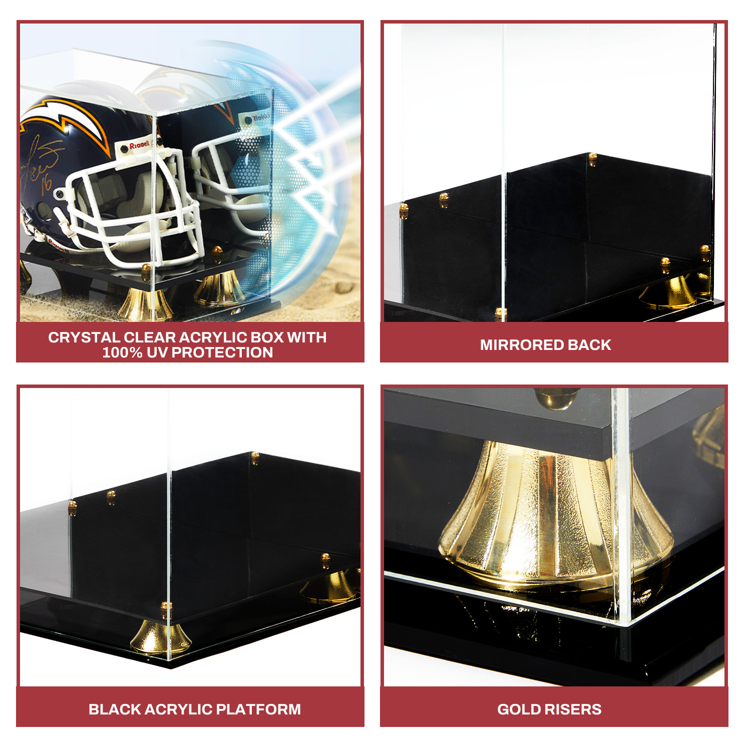 Mini Helmet Display Case Acrylic w/ Black Acrylic Base Gold Risers & Mirror Back