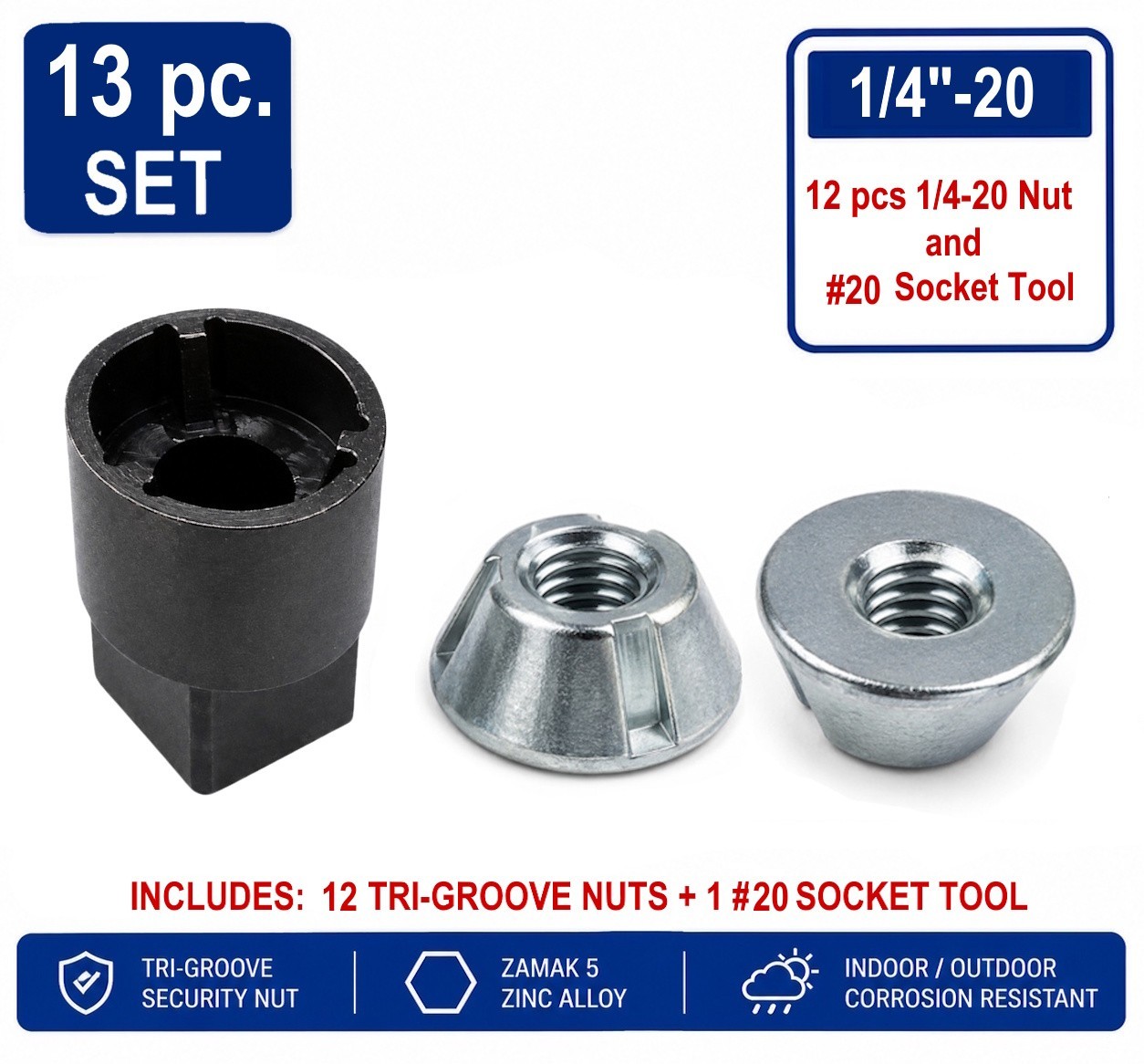 12pcs 1/4-20 Tri-Groove Security Nuts PLUS #20 (LPF420) Tool, 13-PACK, TRIDENT