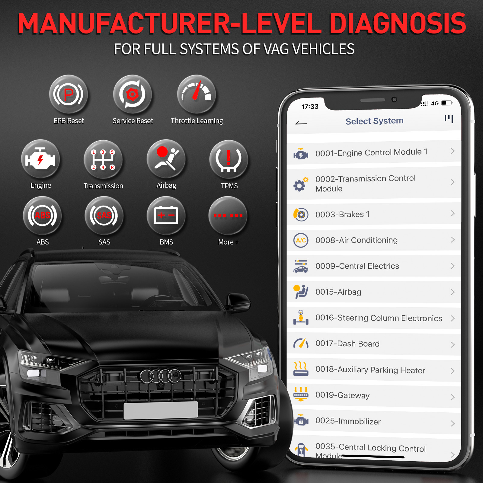 ANCEL BD500 For VAG Car OBD2 Diagnostic Scanner Bluetooth All System Code Reader