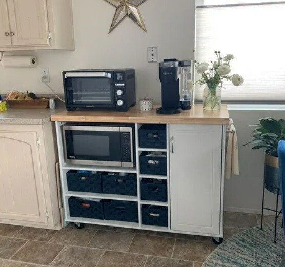 Rolling Microwave Storage Cart Utility Cabinet Coffee Station Kitchen White Wood