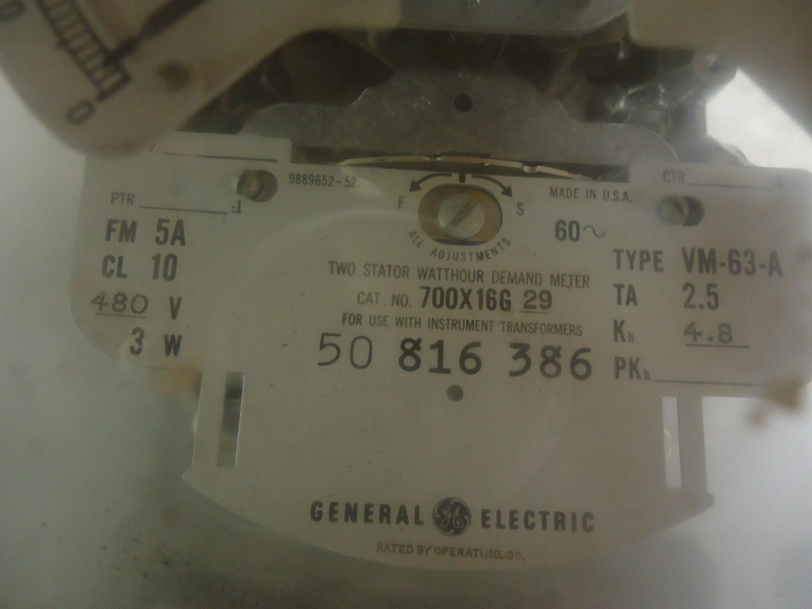 GENERAL ELECTRIC 700X16G29 TYPE VM-63-A KILOWATTHOURS METER