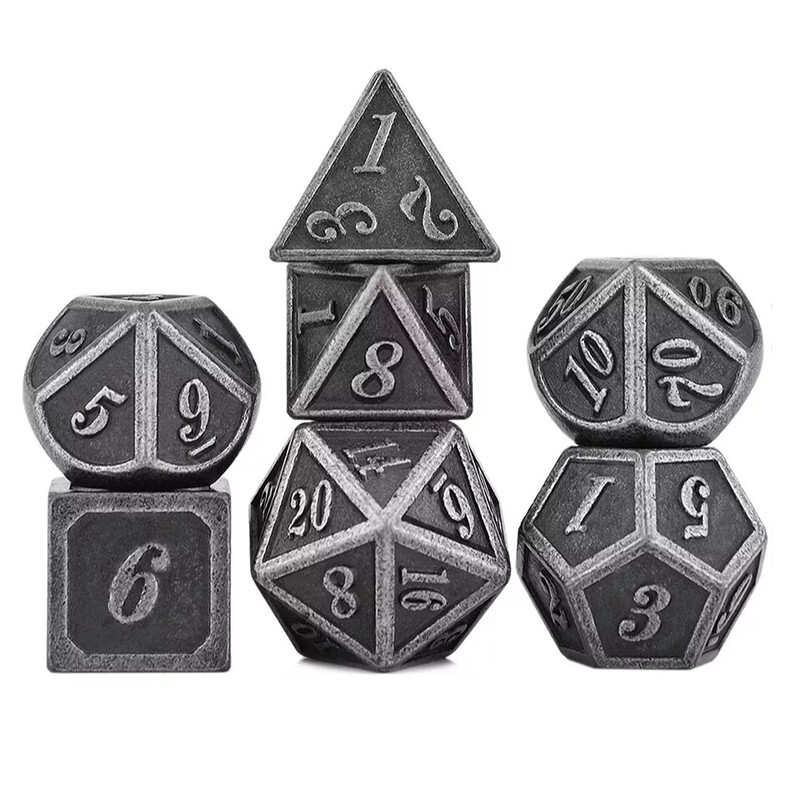 Lot of 7 Dice - 14mm Metal Dice with Outlined Silver Metal Box