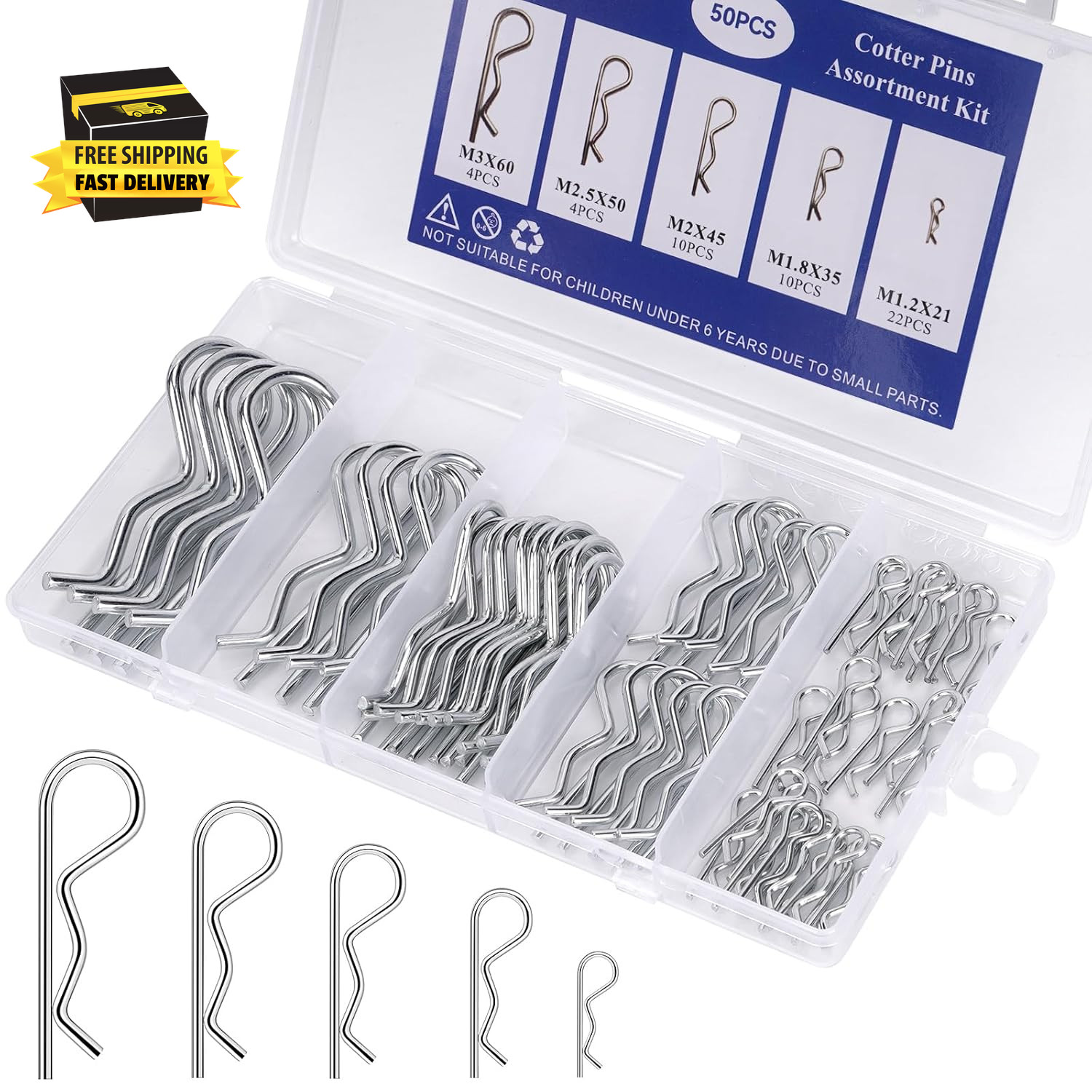 50PCS Cotter Pins, Cotter Pin Assortment Kit, Heavy Duty R Clips Hardware Pins,
